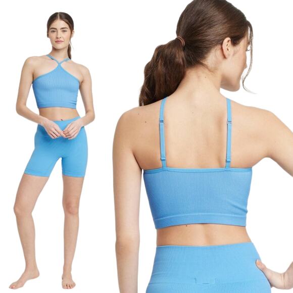 NWT Colsie Halter Brami in Blue Size Medium Women's Ribbed Longline Bralette - Picture 1 of 6